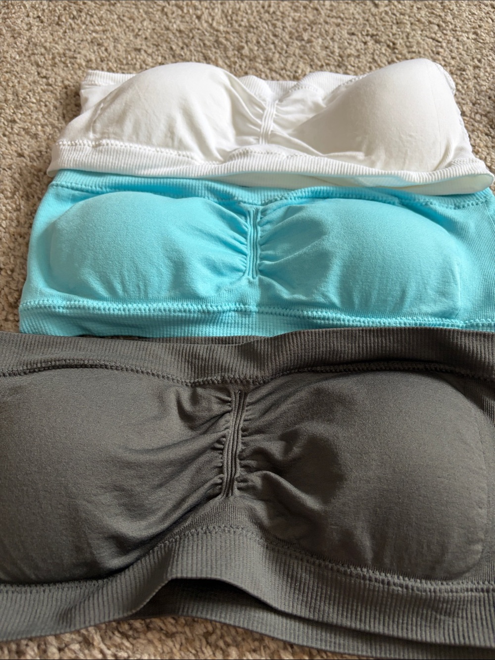 QVC Three-Pack Strapless Bandeau Bras in White, Aqua, Olive